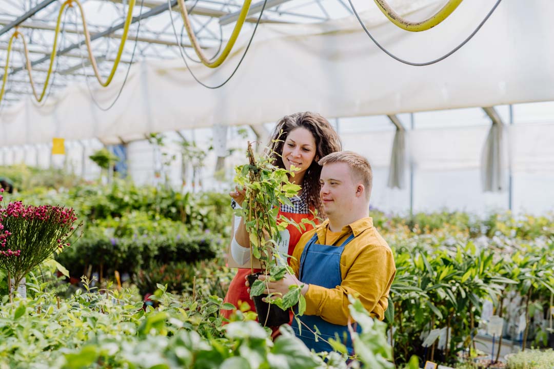 female florist showing smiling disabled adult around greenhouse
