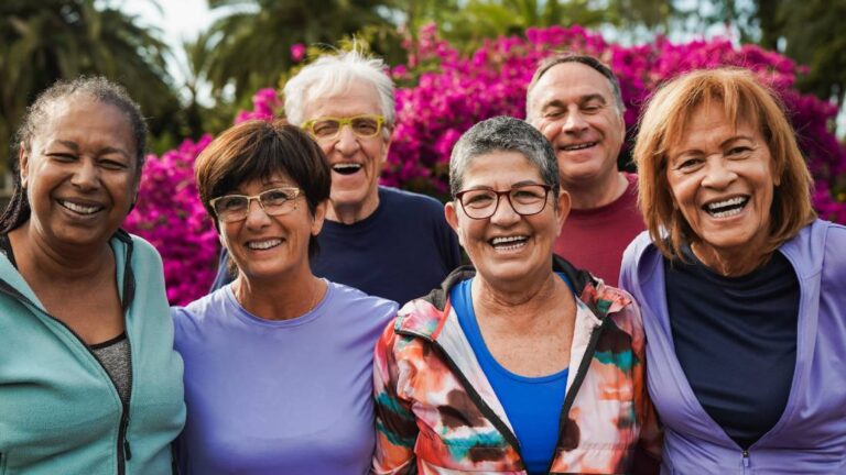 group of smiling seniors posing outside