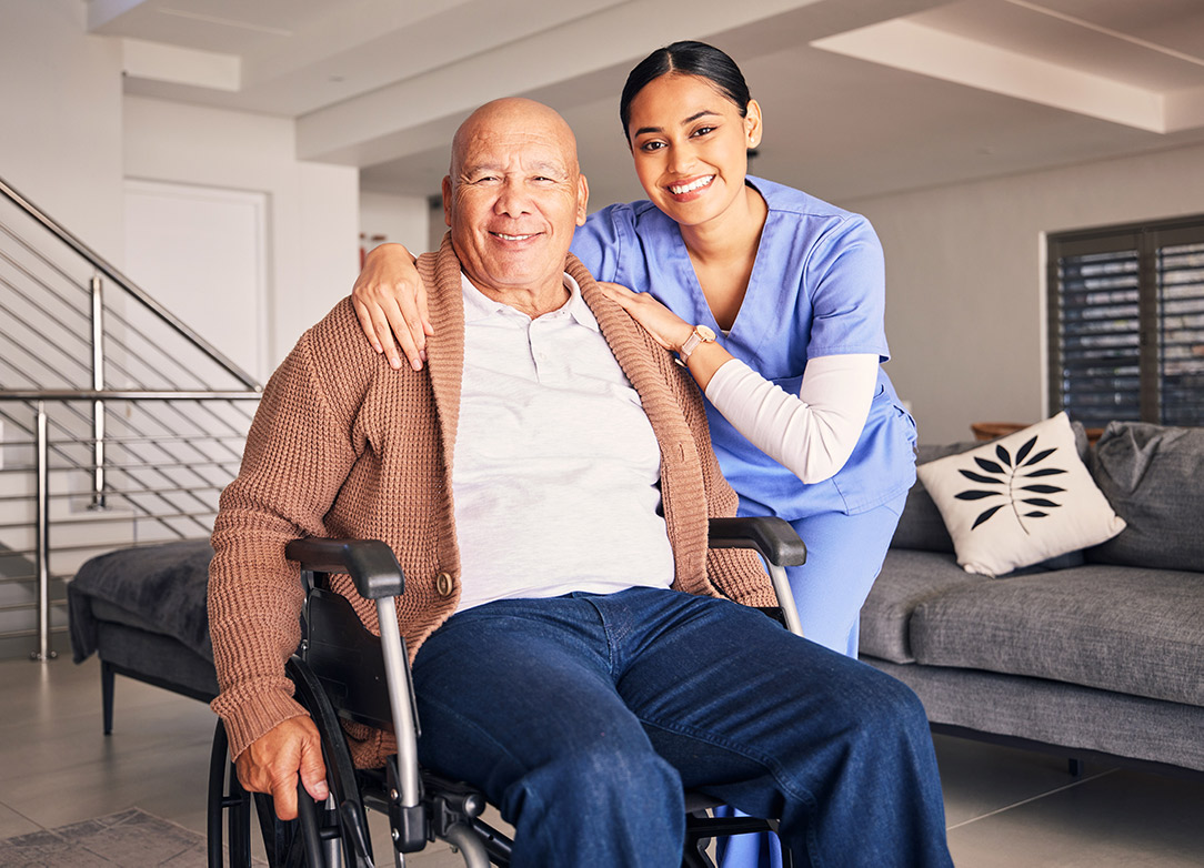 portrait nurse and man with disability in wheelchair